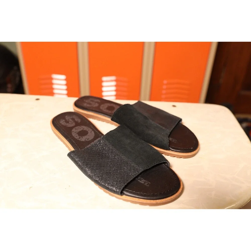 Sorel Ella Slide Black‎ Suede Metallic Flat Sandals Womens 8.5 NL3525-010